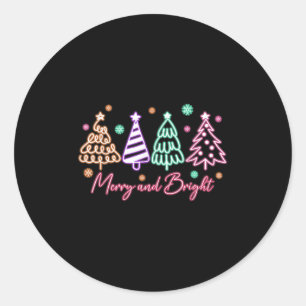 Merry And Bright Tree Neon Christmas  Classic Round Sticker