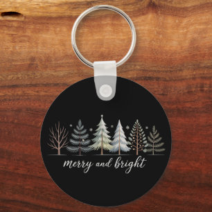 Merry and Bright Trees Christmas Holiday Winter Key Ring