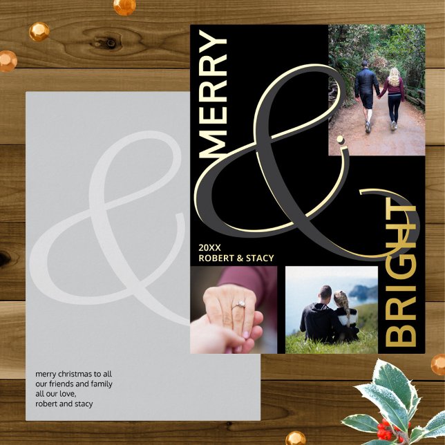 Merry And Bright Typography 3 Photo Black Gold Foil Holiday Card (Modern typography combined with the luxury and elegance of real gold foil printing)