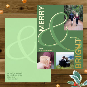 Merry And Bright Typography 3 Photo Green Gold Foil Holiday Card