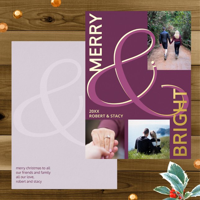 Merry And Bright Typography 3 Photo Purple Gold Foil Holiday Card (Add your photo collage to these real gold foil Christmas cards using the photo template)