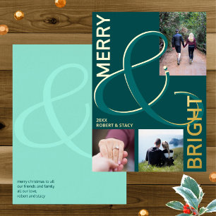 Merry And Bright Typography 3 Photo Teal Gold Foil Holiday Card