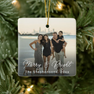Merry and Bright Typography Custom Photo Family Ceramic Ornament