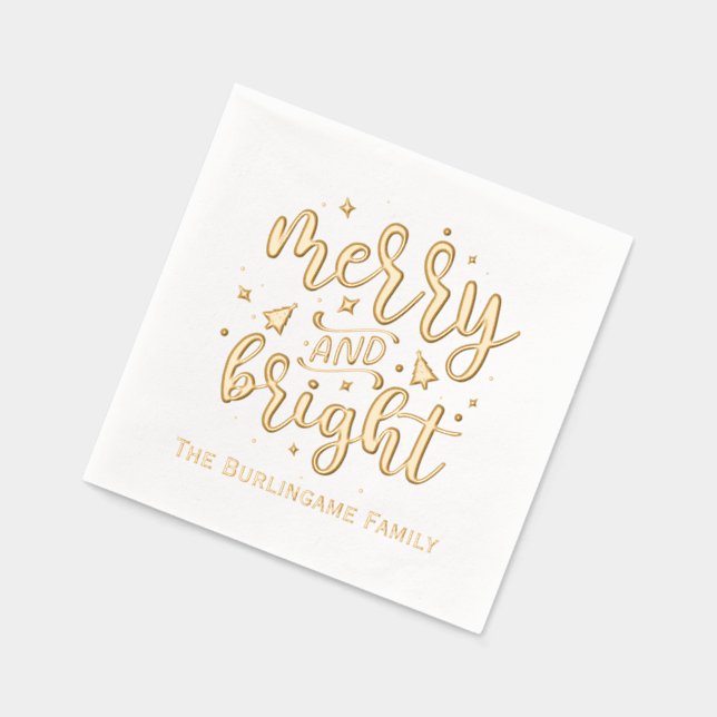 Merry and Bright Typography Family Name Foil Napkins (Left)
