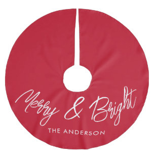 Merry and Bright Typography Script Red Brushed Polyester Tree Skirt