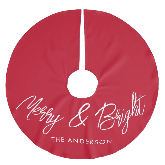 Merry and Bright Typography Script Red  Brushed Polyester Tree Skirt (Front)