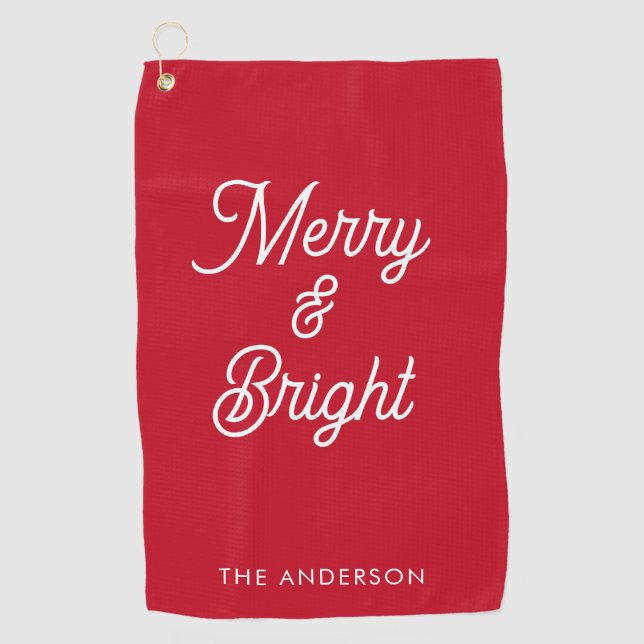 Merry and Bright Typography Script Red  Golf Towel (Front)