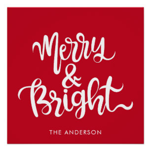 Merry and Bright Typography Script Red Poster