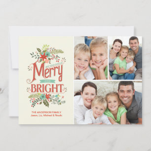 Merry and Bright Vintage Floral 3-Photo Collage Holiday Card