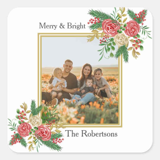 Merry and Bright Watercolor Floral Family Photo Square Sticker (Front)