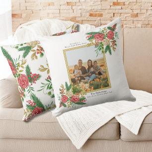 Merry and Bright Watercolor Roses Family Photo Cushion