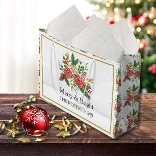 Merry and Bright Watercolor Roses Personalised Large Gift Bag