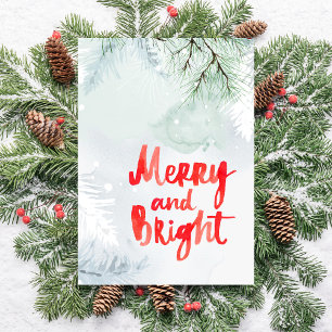 Merry and Bright Watercolor Snowy Pine Tree  Holiday Card