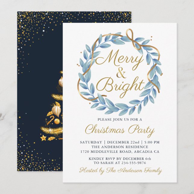 Merry and Bright Winter Wreath Christmas Party Invitation (Front/Back)