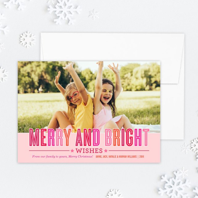Merry and Bright Wishes Pink and Red Photo Holiday Card (Creator Uploaded)