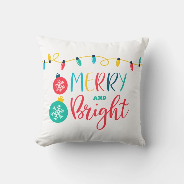 Merry and Bright with a string of lights Cushion (Front)
