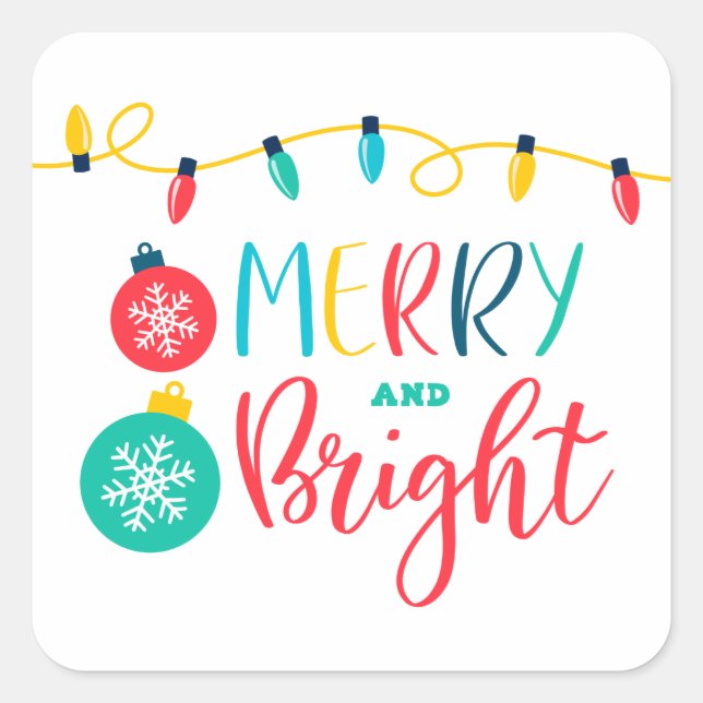 Merry and Bright with a string of lights Square Sticker (Front)