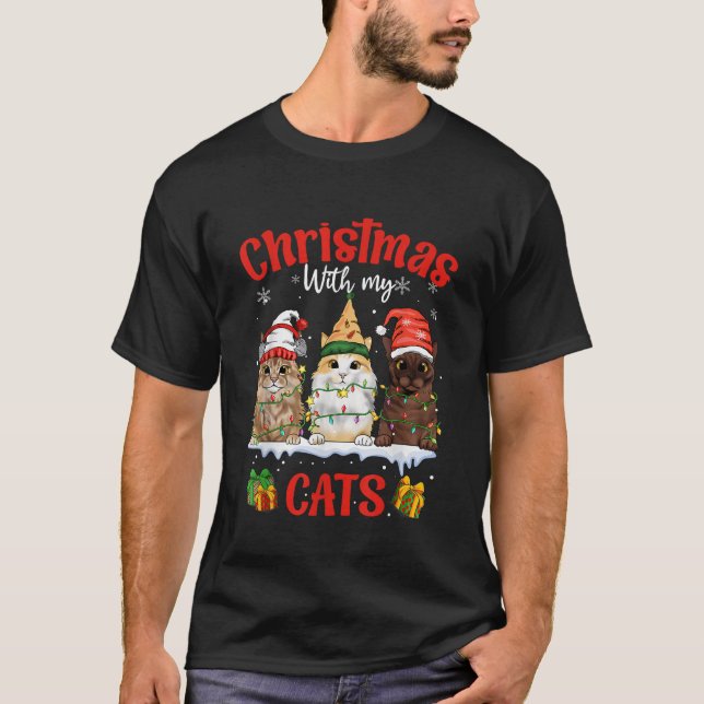 Merry and Bright with Cats Christmas With My Cats T-Shirt (Front)