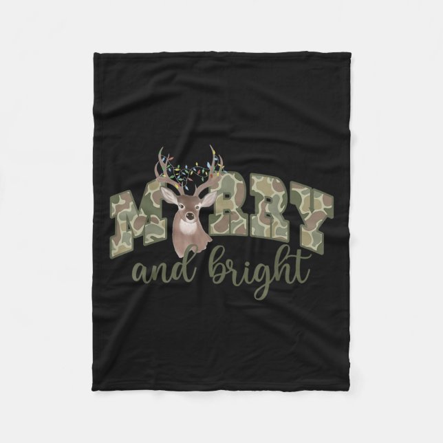 Merry And Christmas Bright Camouflage Reindeer Xma Fleece Blanket (Front)
