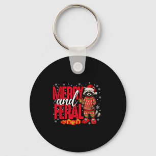 Merry And Christmas Feral Funny Raccoon Santa Hat Key Ring