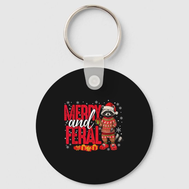 Merry And Christmas Feral Funny Raccoon Santa Hat  Key Ring (Front)