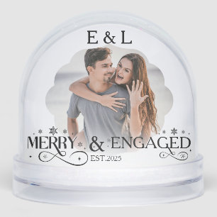 Merry and Engaged Couple Photo Holly Script Snowglobe