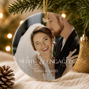 Merry and Engaged Couple Photo Snowflake Script Ceramic Tree Decoration