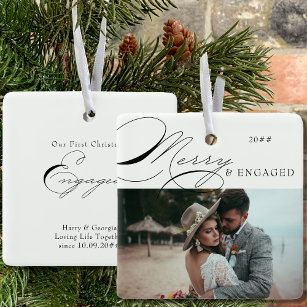 Merry and Engaged Photo and Elegant Calligraphy Ceramic Ornament