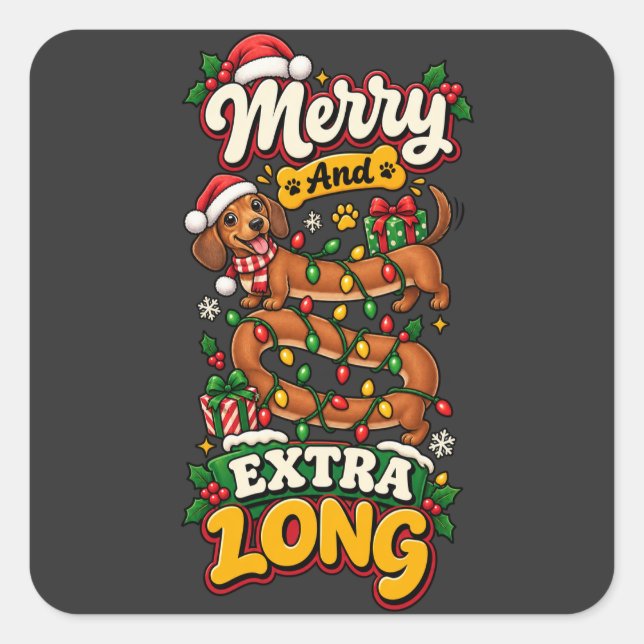 Merry And Extra Long Dachshund Christmas Funny Dox Square Sticker (Front)