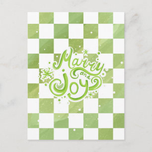 Merry and Joy Green Checkered Holiday Postcard