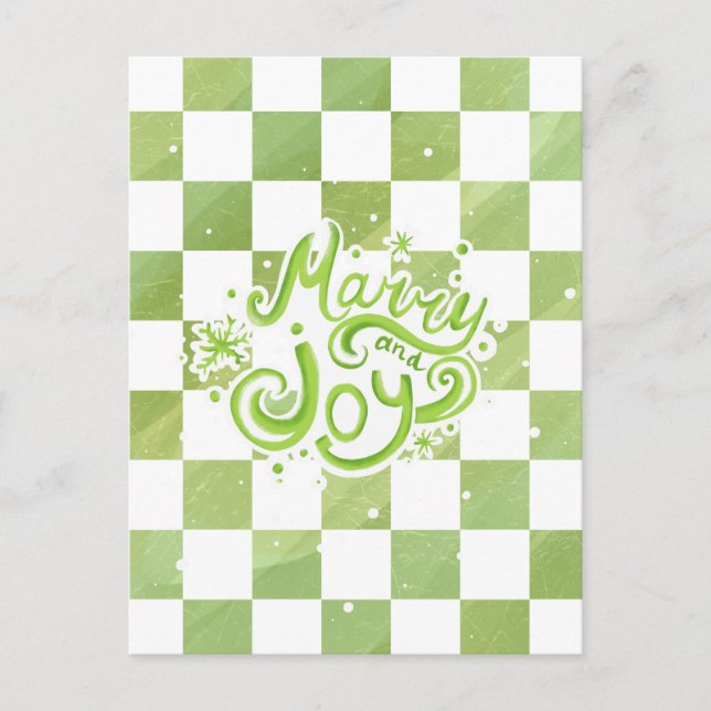 Merry and Joy Green Checkered Holiday Postcard (Front)