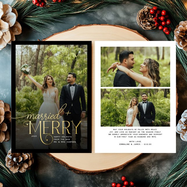 Merry and Married 3 Photos Newlyweds Christmas Foil Holiday Card (Creator Uploaded)