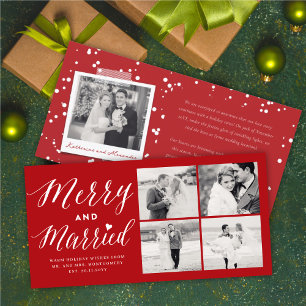 Merry And Married 4 Photo Collage Modern Wedding Holiday Card