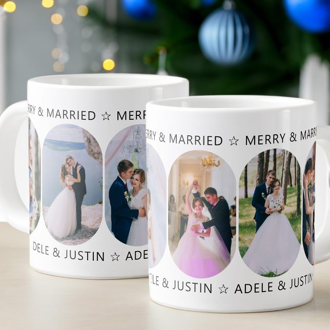 Merry and Married 6 Photo Rounded Lozenge Shape Large Coffee Mug (Giant photo mug for Merry & Married couples and newlyweds - Rounded Lozenge Photo Collage collection)