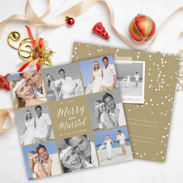Merry And Married 8 Photo Collage Modern Wedding Holiday Card (Creator Uploaded)
