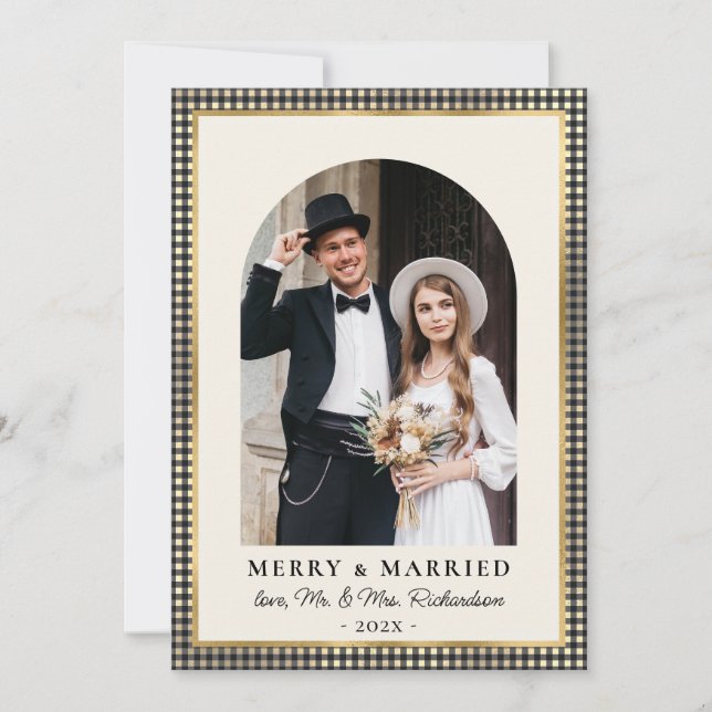 Merry and Married Arch Photo Black Gold Plaid  Holiday Card (Front)