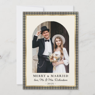 Merry and Married Arch Photo Black Gold Plaid  Holiday Card
