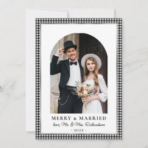 Merry and Married Arch Photo Black White Plaid Holiday Card