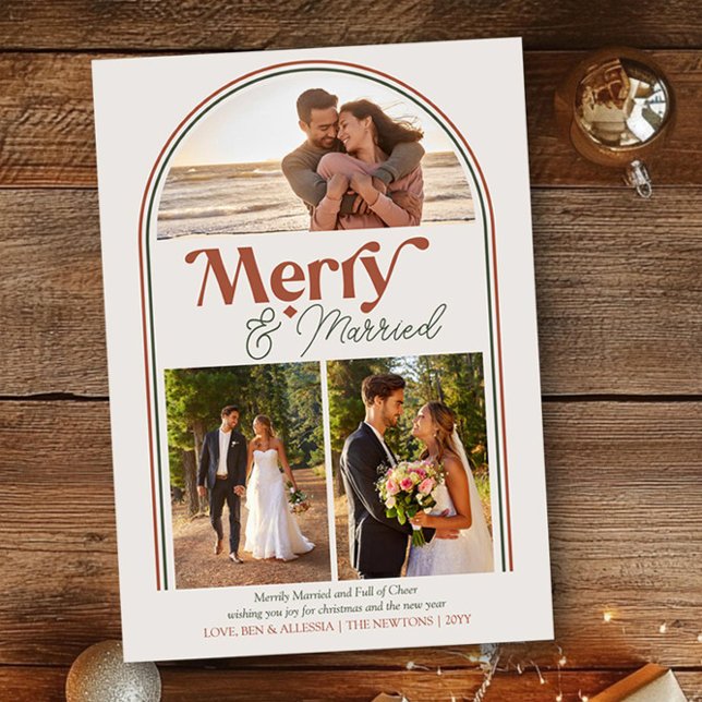 Merry and Married Arched Photo Collage Christmas Holiday Card (Merry & Married Christmas Photo Card by Darling & May)