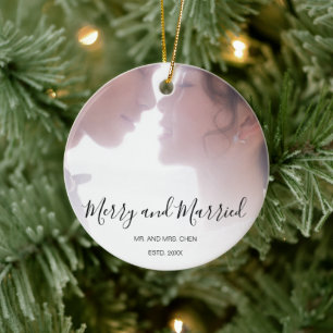 Merry and Married Black and White Newlywed Elegant Ceramic Tree Decoration