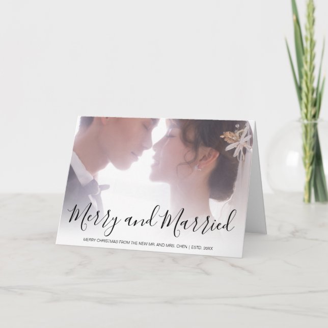 Merry and Married Black and White Newlywed Elegant Holiday Card (Front)