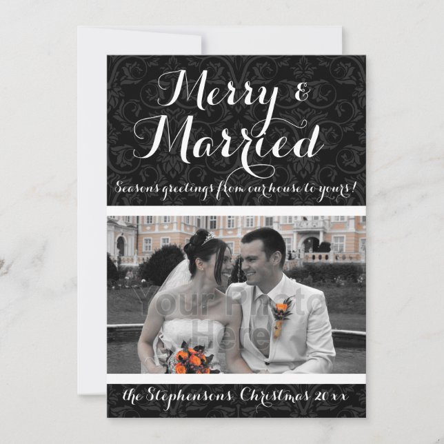 Merry and Married Black/White Damask Holiday Photo (Front)