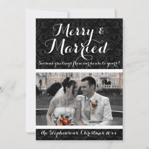 Merry and Married Black/White Damask Holiday Photo