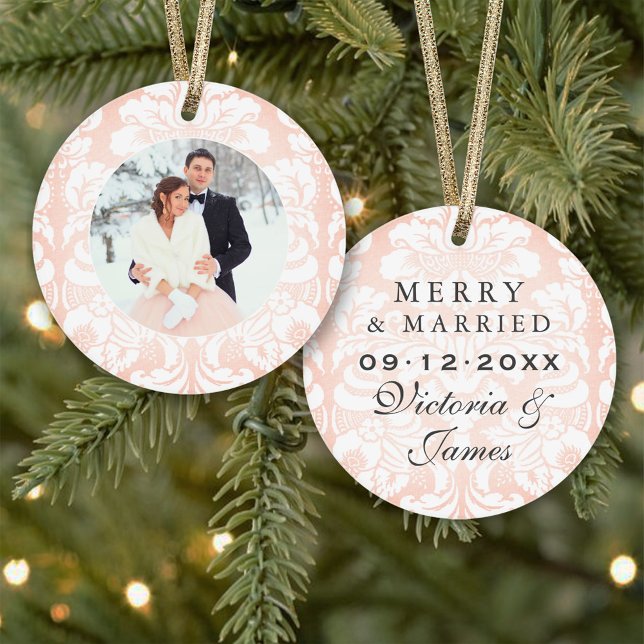 Merry and Married Blush Damask Wedding Photo Ornament (Creator Uploaded)