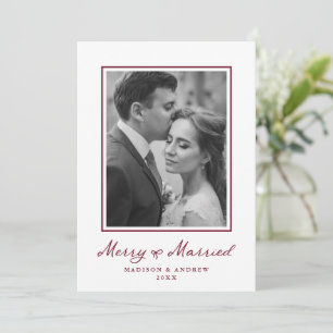 Merry and Married Burgundy Bow Newlywed Photo Holiday Card