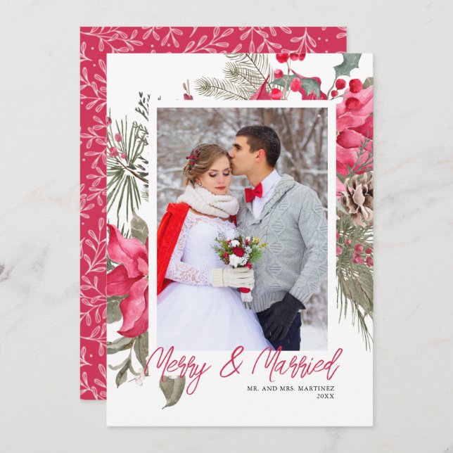 Merry and Married Christmas Photo Red Poinsettia Holiday Card (Front/Back)