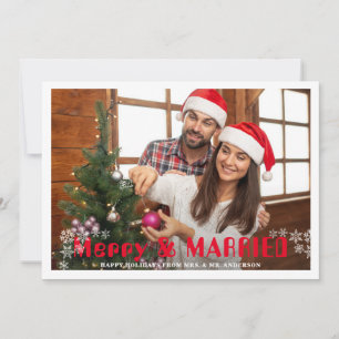 Merry And Married Christmas Pine Snowflakes Photo Holiday Card