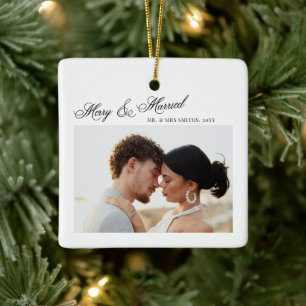 Merry and Married Christmas Script Newlyweds Photo Ceramic Ornament