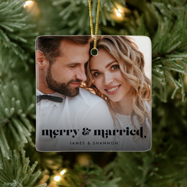 Merry and Married Elegant Modern Photo Holiday Ceramic Ornament (Tree)