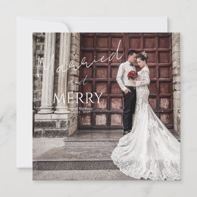  Merry and Married Elegant Photo Wedding Thank You Card (Front)